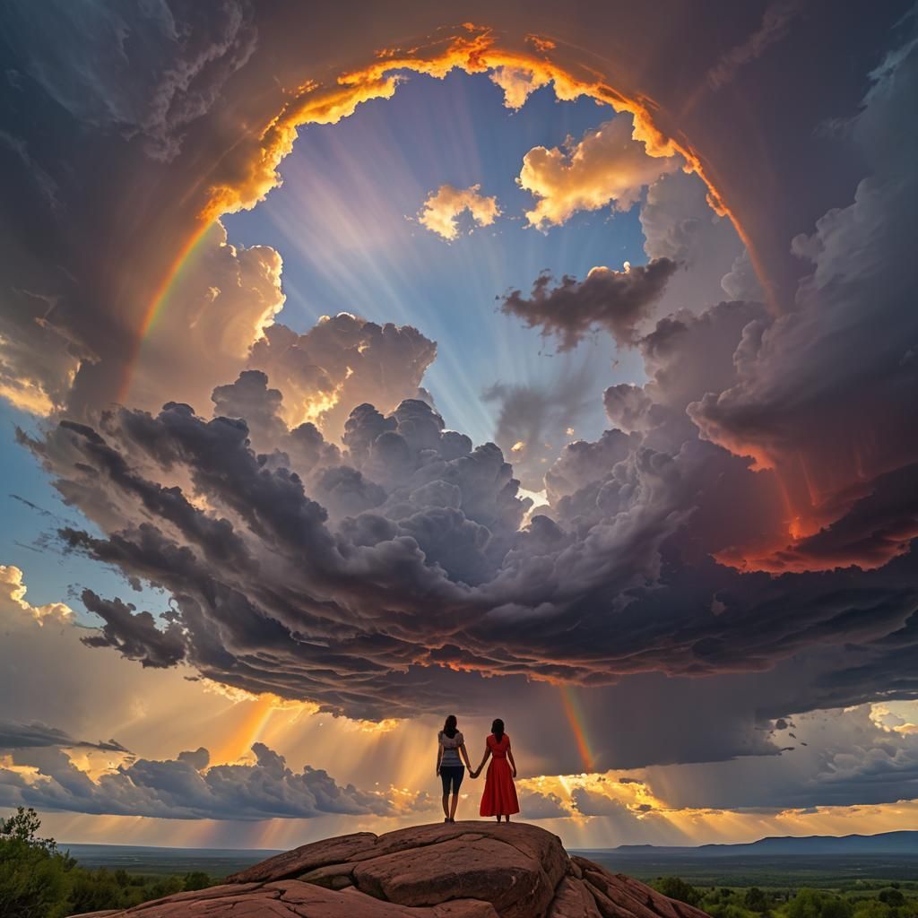Woman Watches Rainbow After Spring Thunderstorm