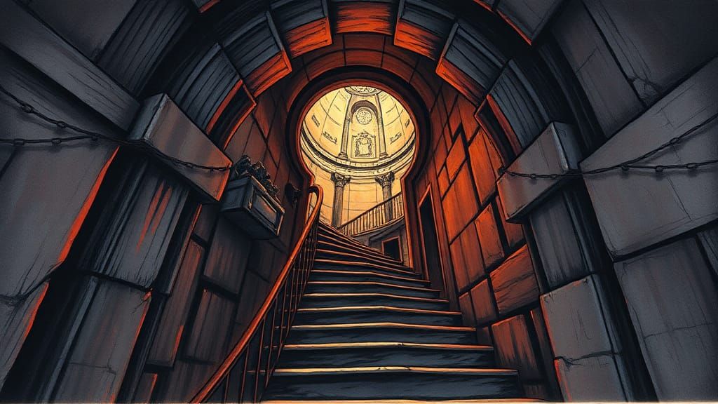 Eerie Staircase in Egyptian Tomb: Surreal Ink Illustration