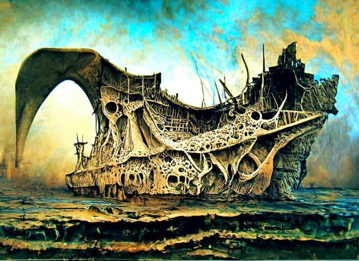 Dystopian Sci-Fi Pirate Ship in Art Nouveau Style