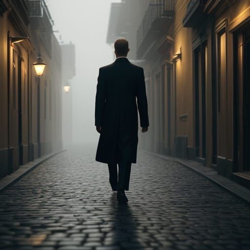 Elegant Loafers Walk Alone on a Misty Street