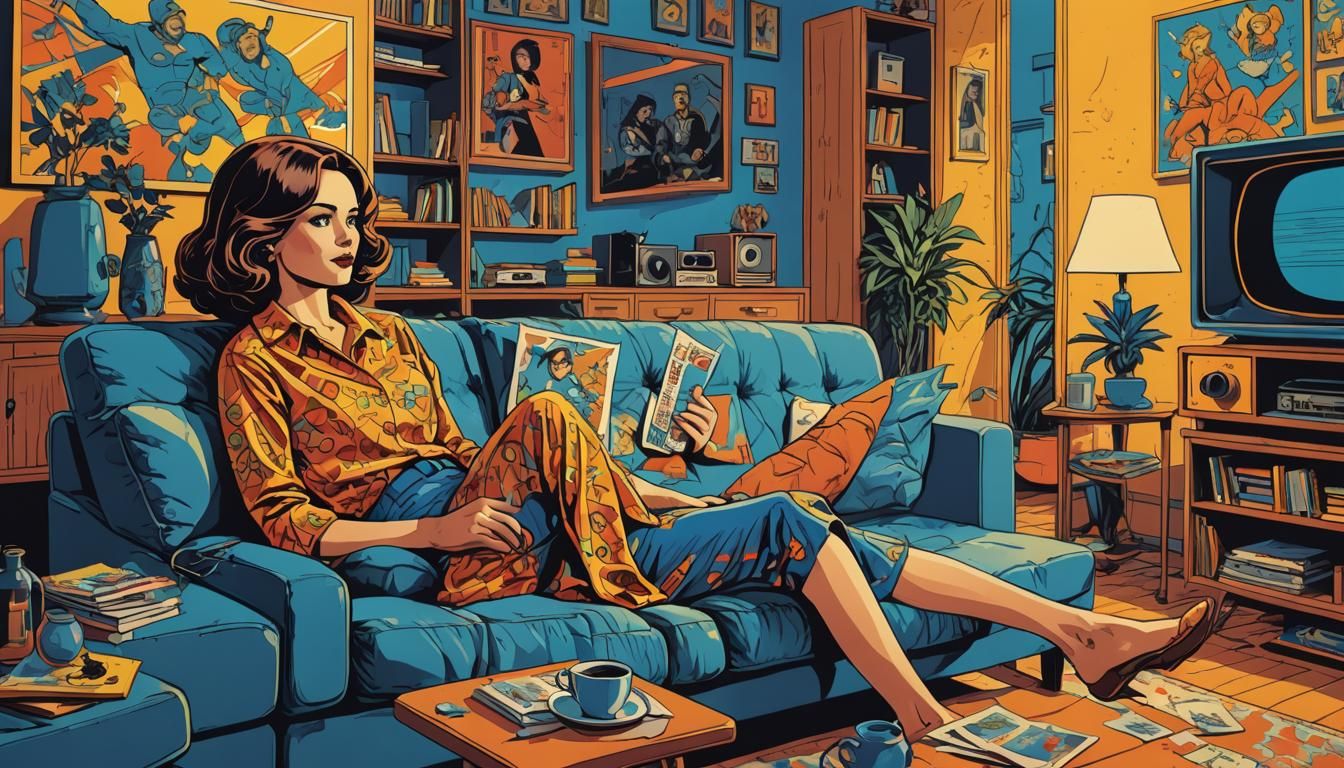 Woman Relaxing in 1970s Living Room, Polish Comics Style