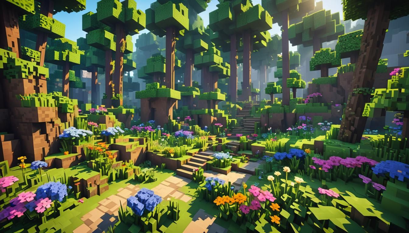 Low Poly Minecraft Forest with Blooming Flowers