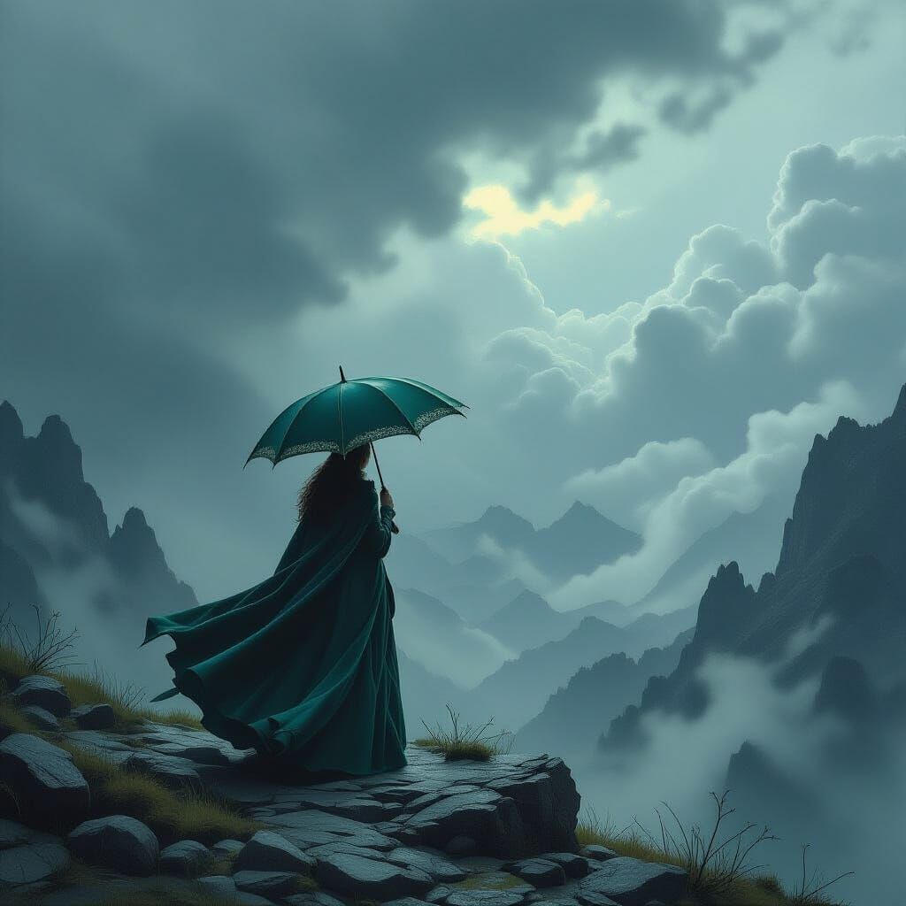 Woman with Emerald Umbrella on Stormy Mountain Peak