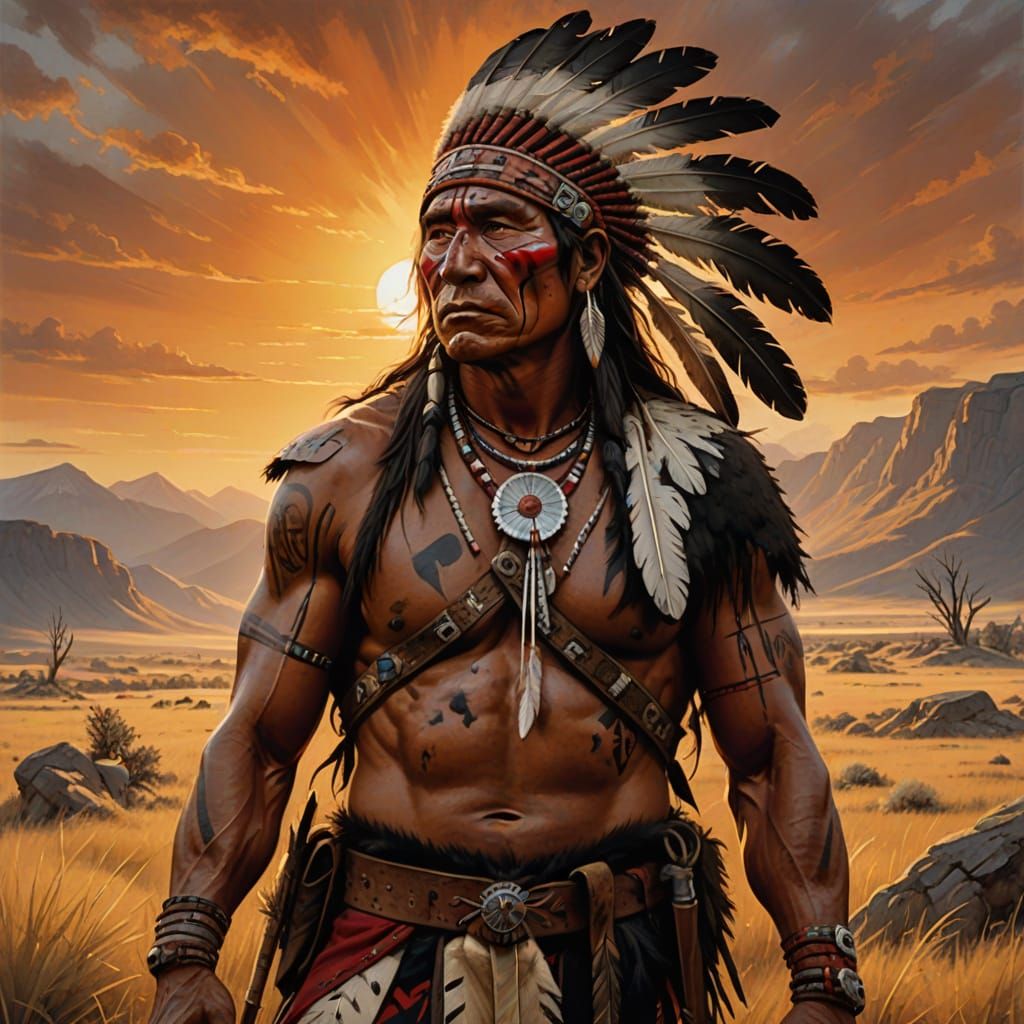 Proud Native American Warrior in Traditional Attire