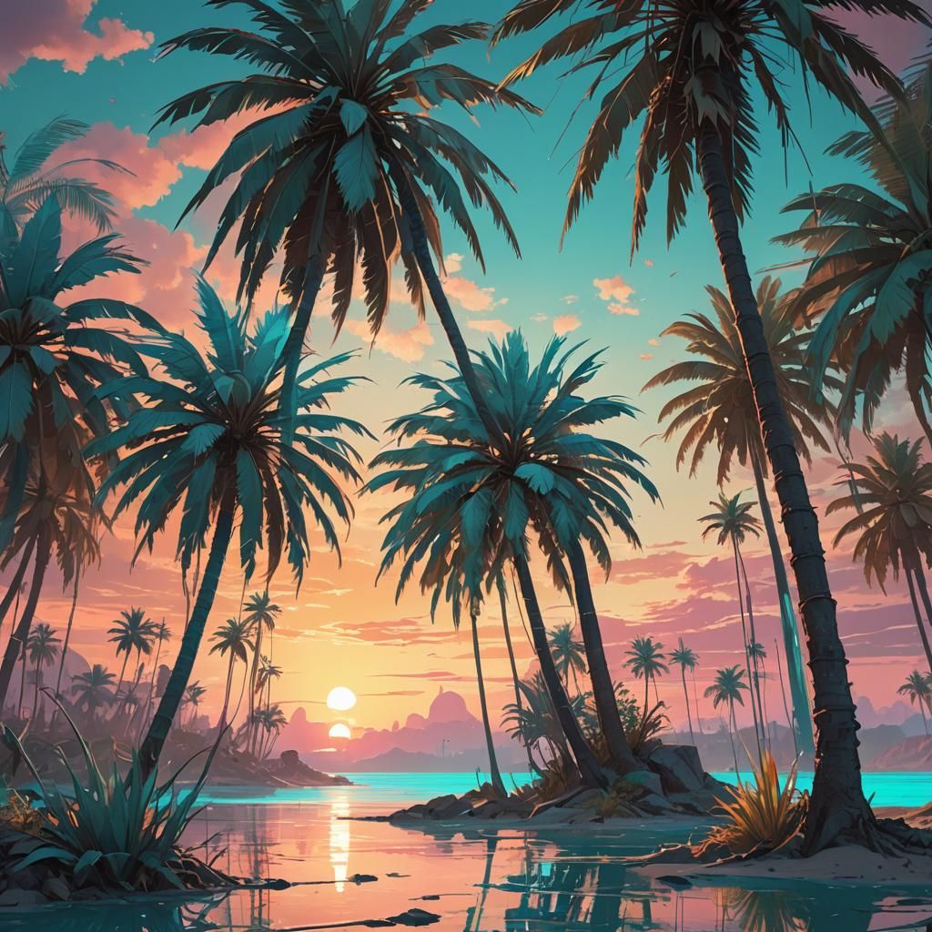Cyberpunk Palm Trees on Desert Island, 3D Anime Art