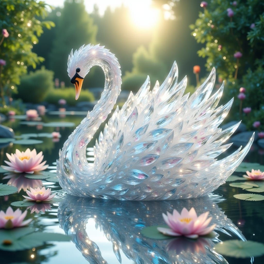 Crystal Swan on Lake, Surreal Art