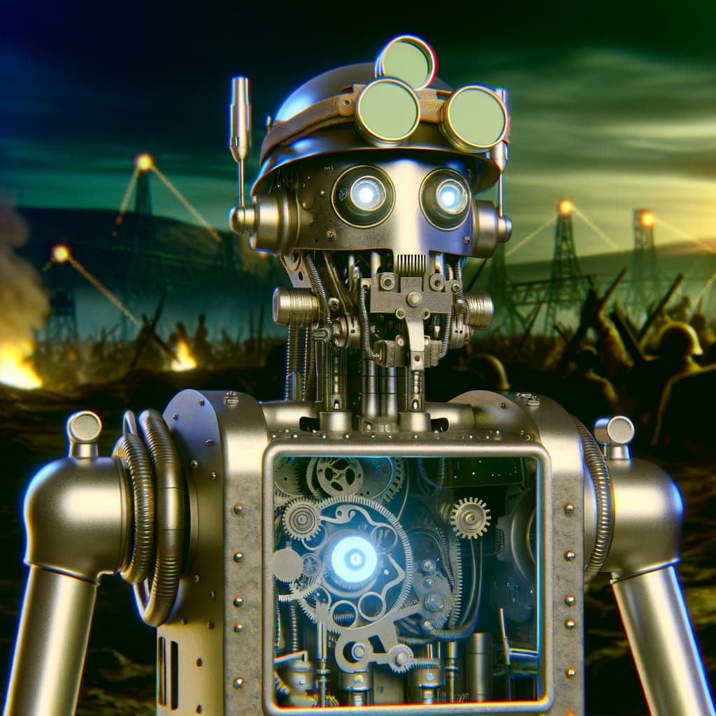 Cyberpunk Robot in Vintage Battlefield Atmosphere