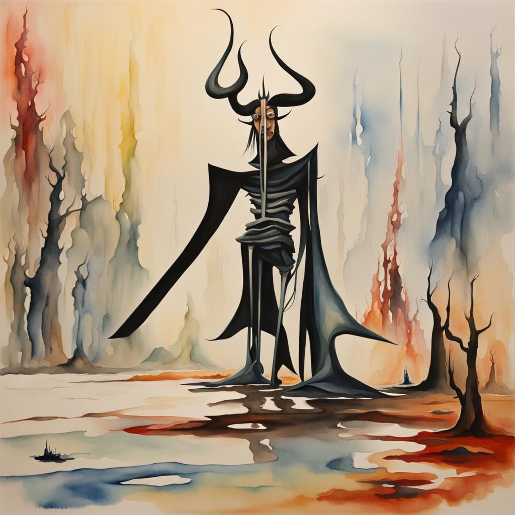 Samurai Jack in Surreal Watercolor Landscape