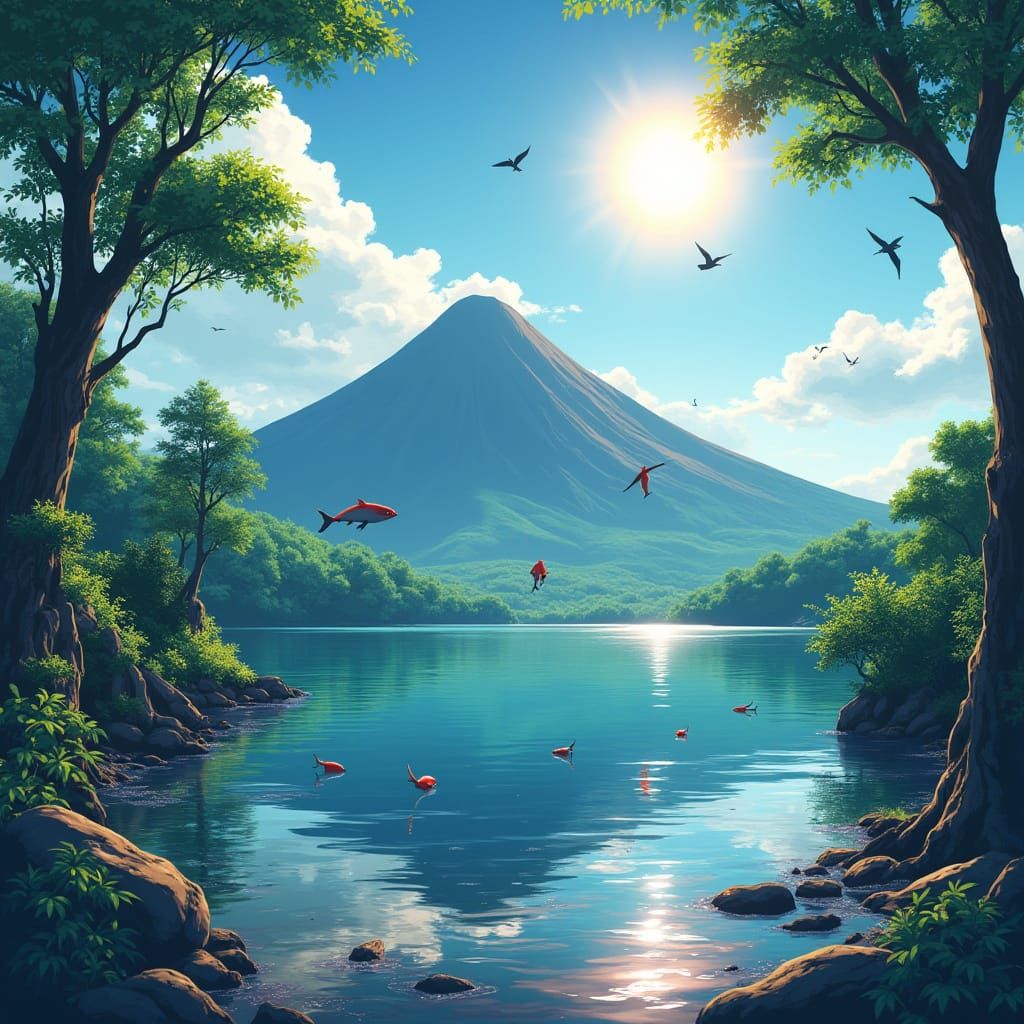 Serene Dormant Volcano with Tranquil Lake and Birds in Fligh...