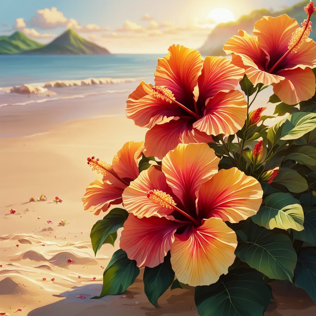 Anime Bouquet of Hibiscus Flowers on a Beach