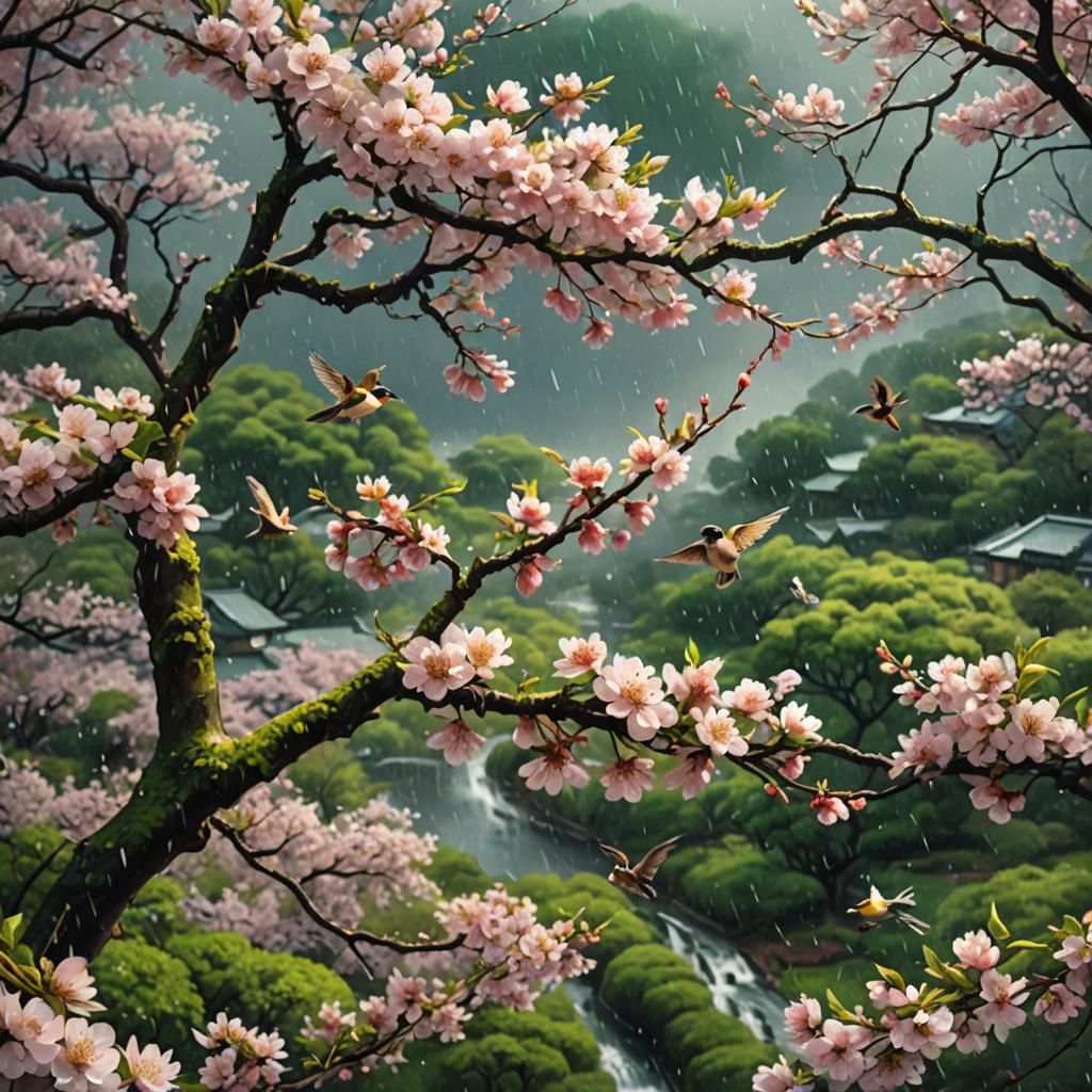Cherry Blossoms in Rain, Digital Matte Painting