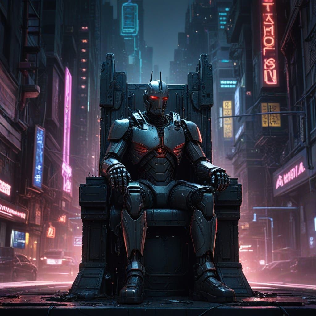 Dystopian Robot King on Throne in Cyberpunk City