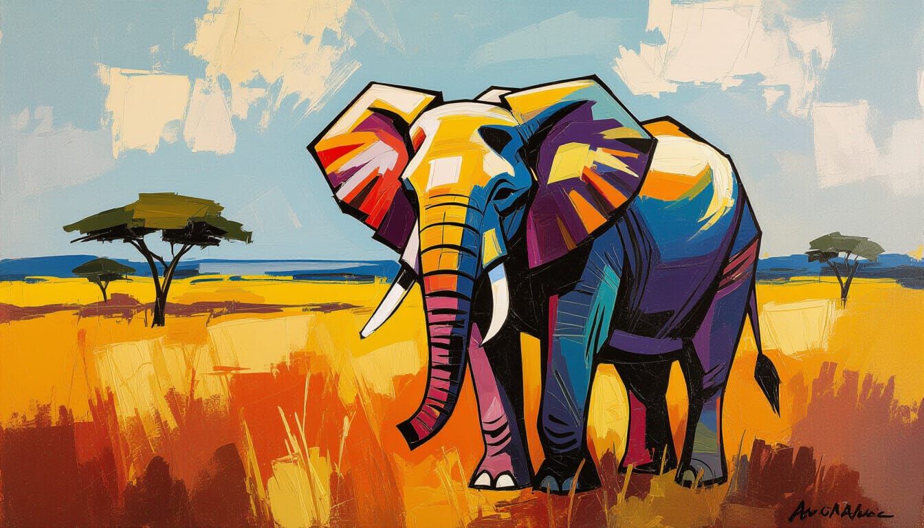 African Elephant in Expressionist Impasto Style