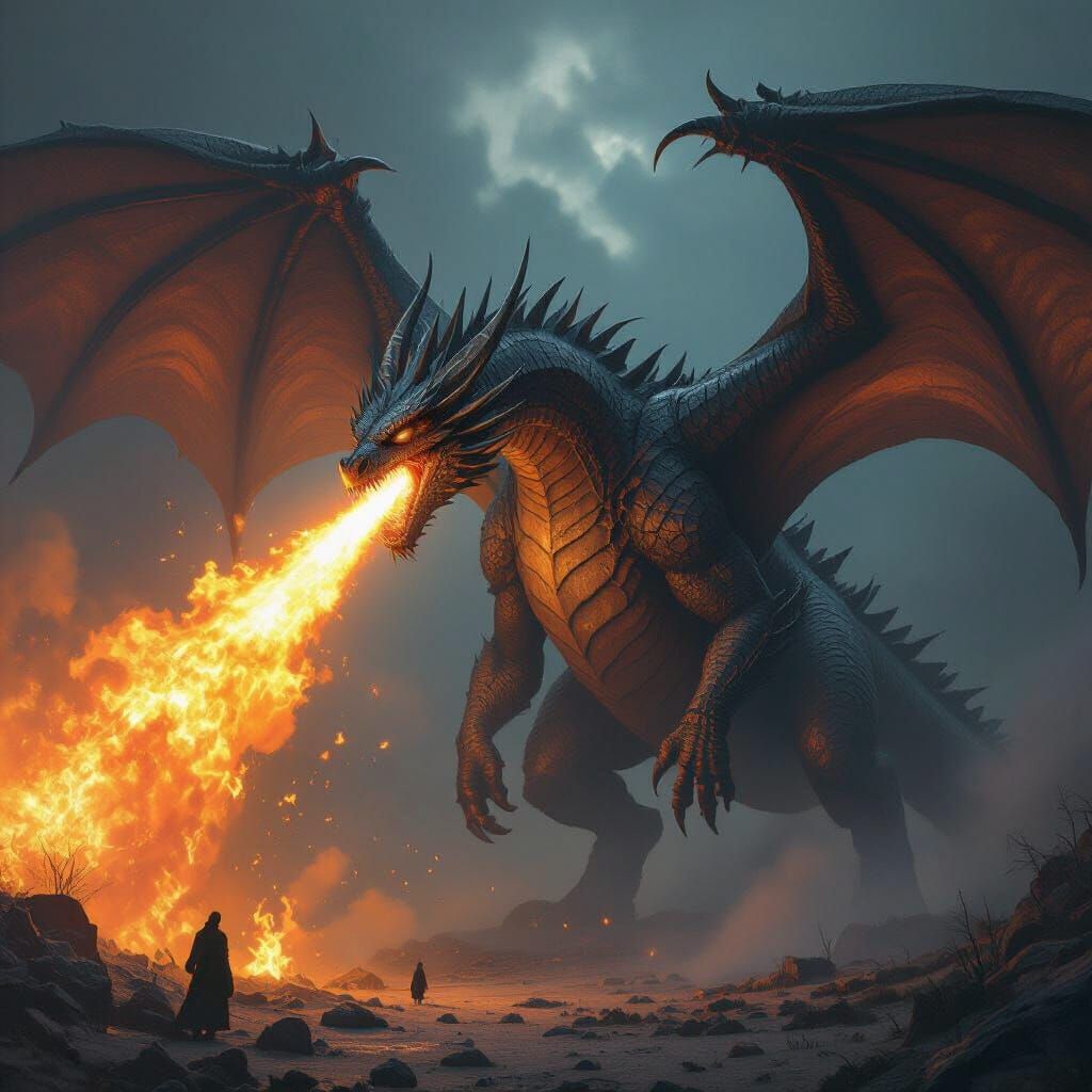Colossal Dragon Blows Fire in Hyperrealistic Style