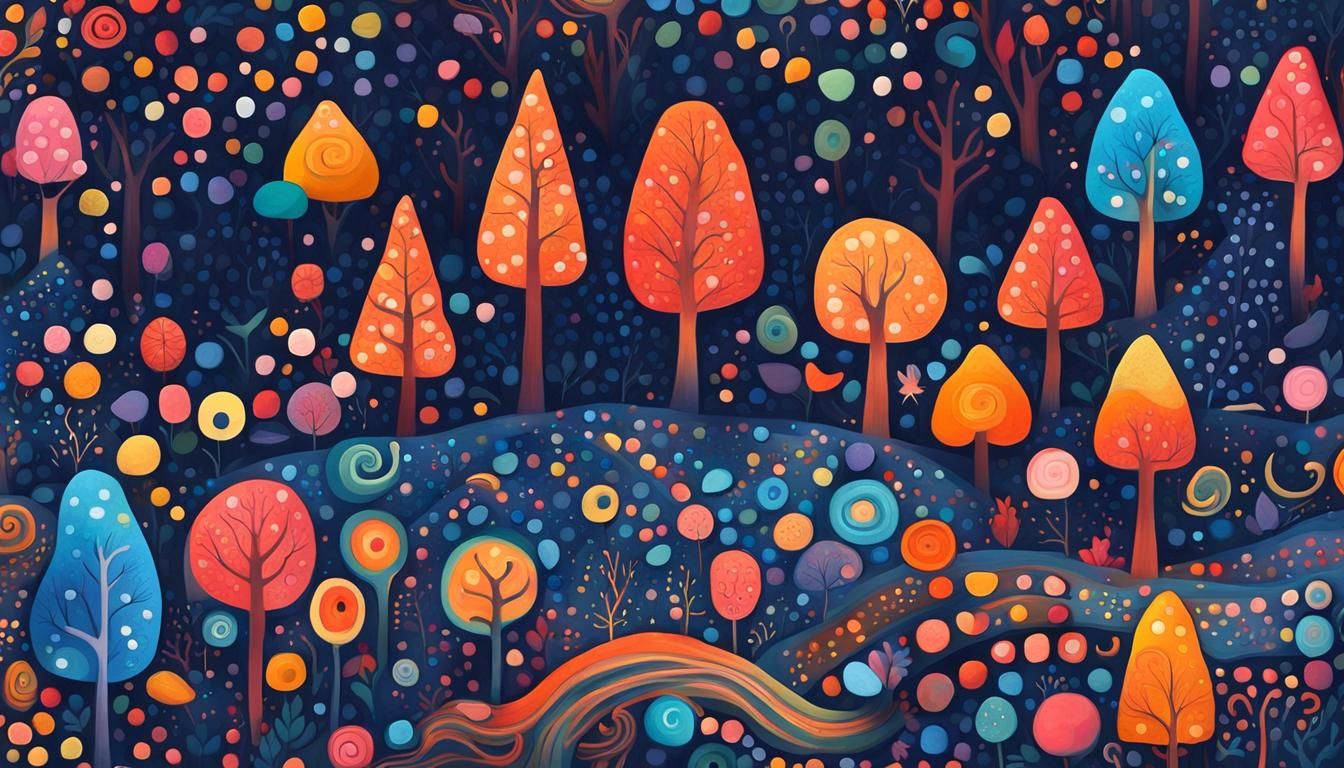 Colorful Naive Art Forest with Gouache Swirls