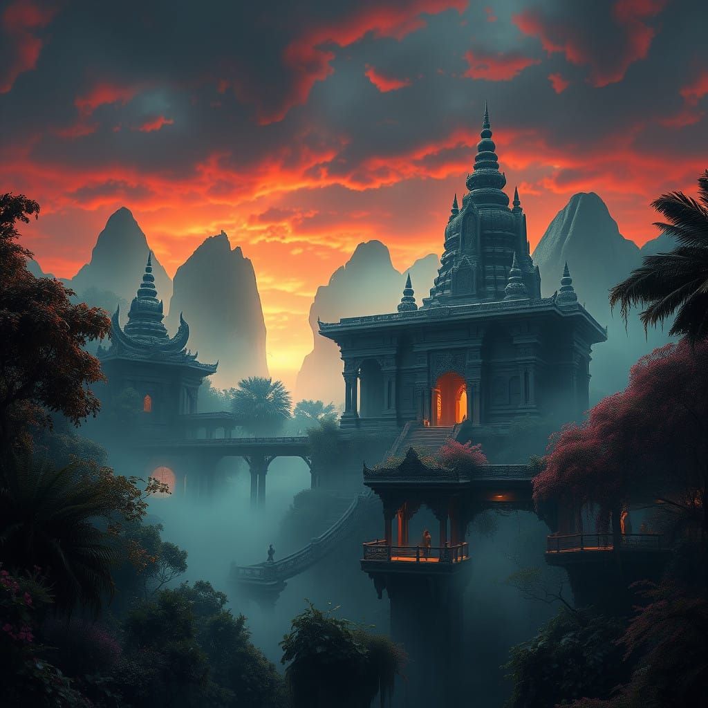Mystical Ancient Temple Complex in Crimson Skies