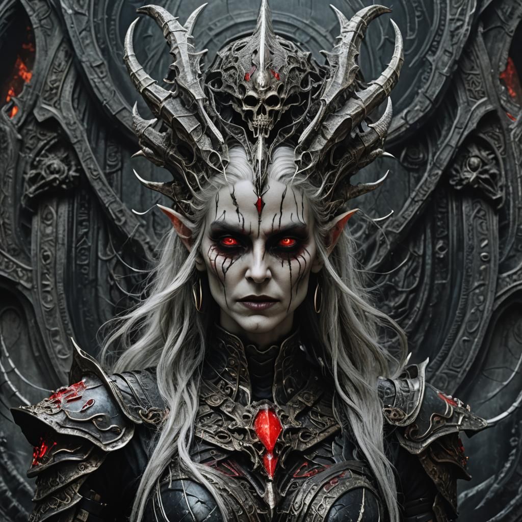 Fearsome Dark Elf Pythia in Draconic Armor