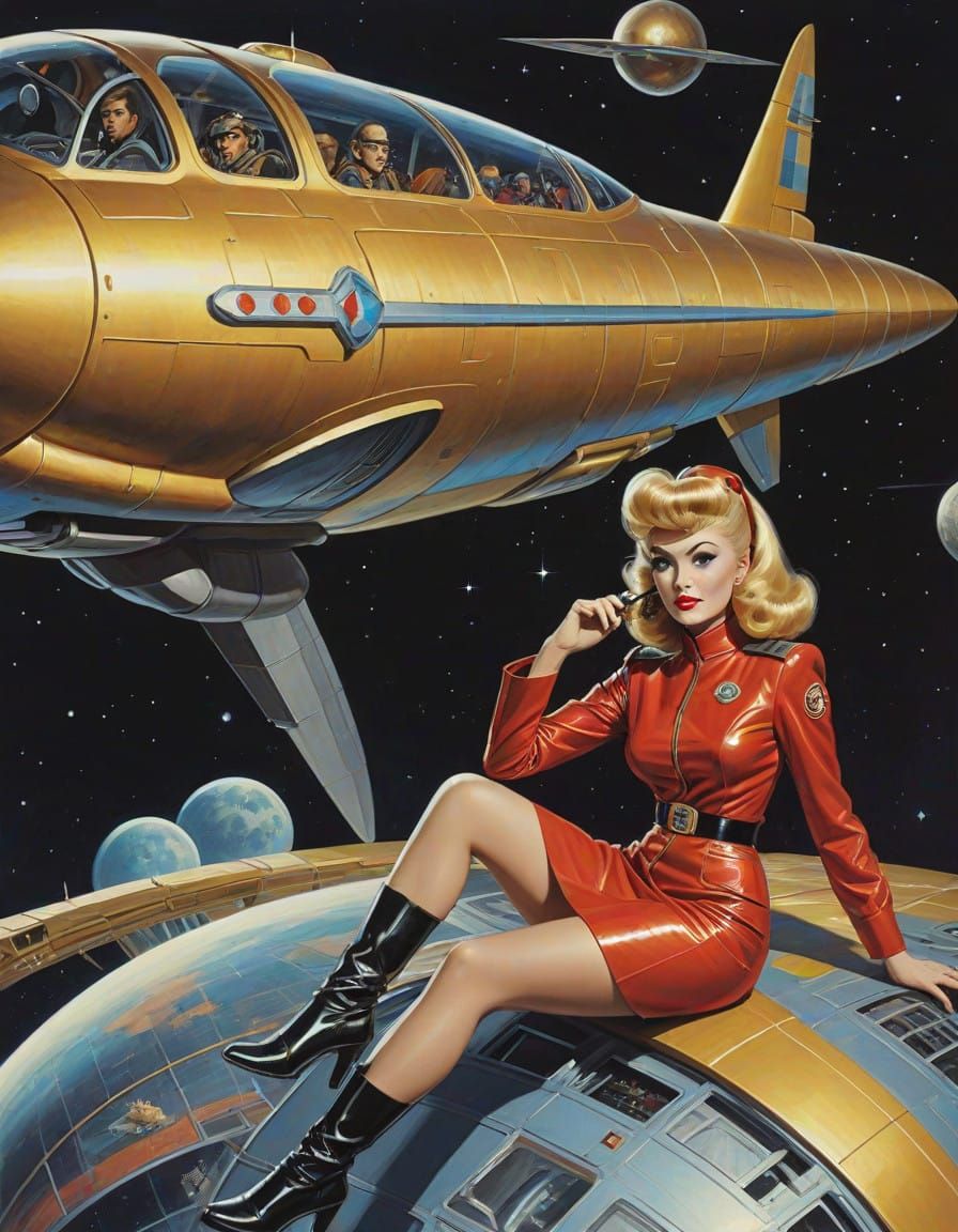 Vintage Sci-Fi Pinup in Retro Futuristic Space Dress