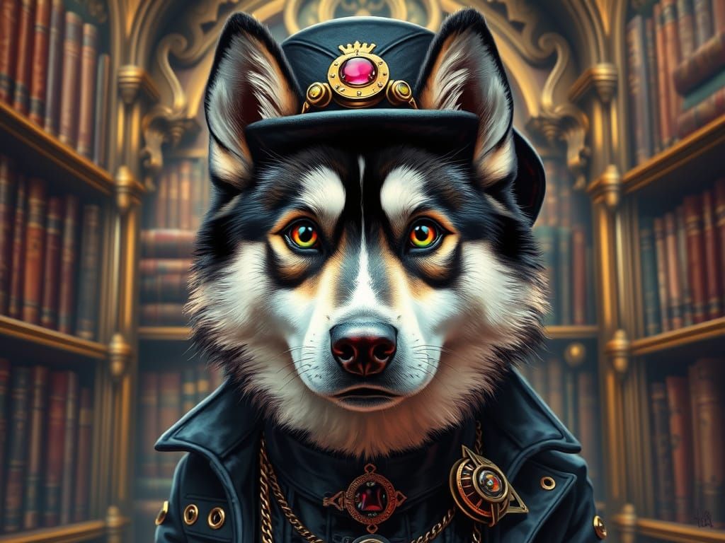 Steampunk Alaskan Malamute Lady in Elegant Library Attire