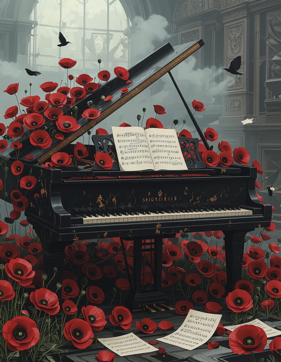 Smoky Piano with Black Poppies: Fantasy Concept Art