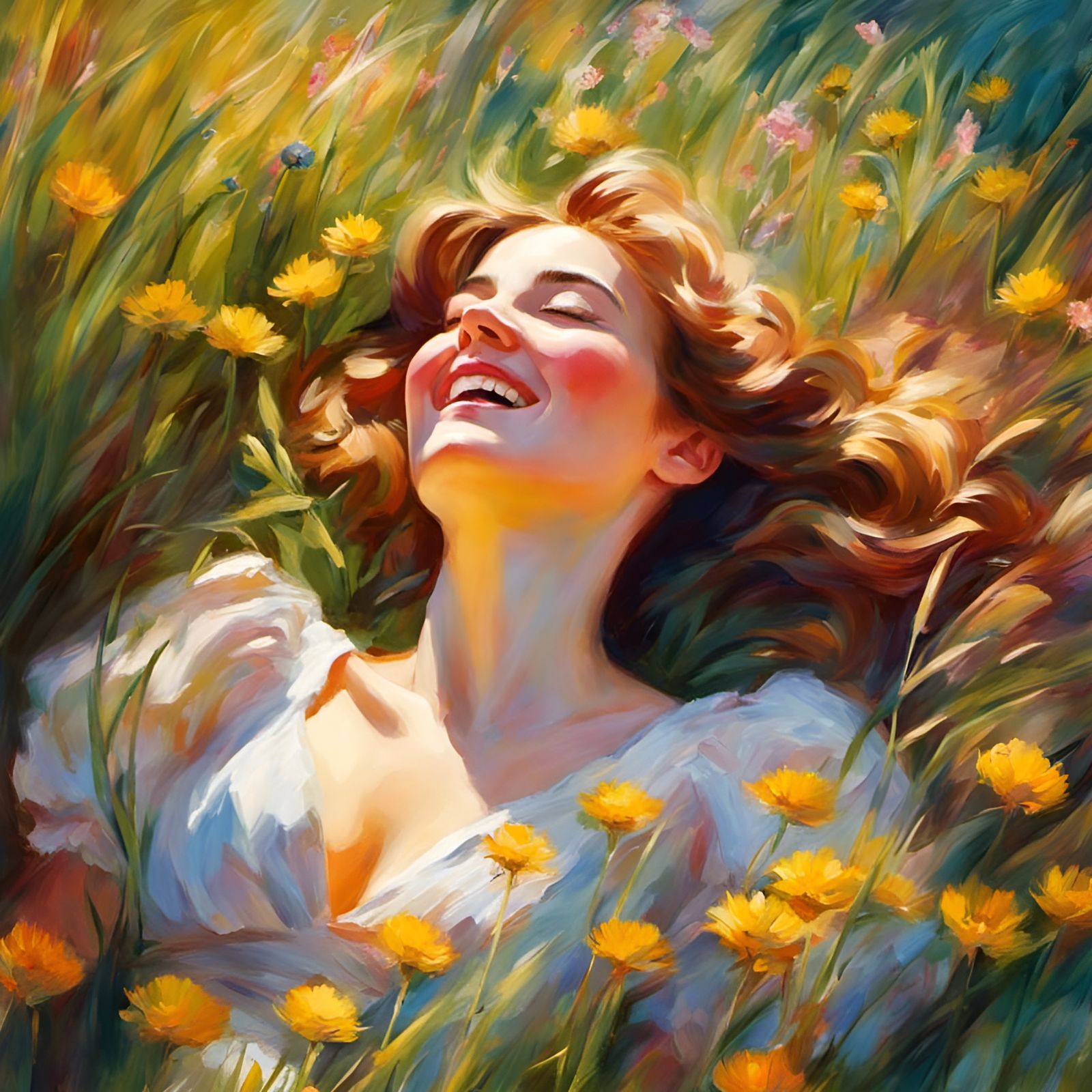 Victorian Maiden in Bliss: An Impressionistic Painting