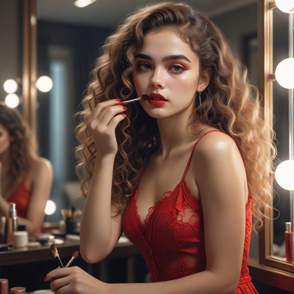 Elegant Woman Applying Makeup in Digital Painting Style