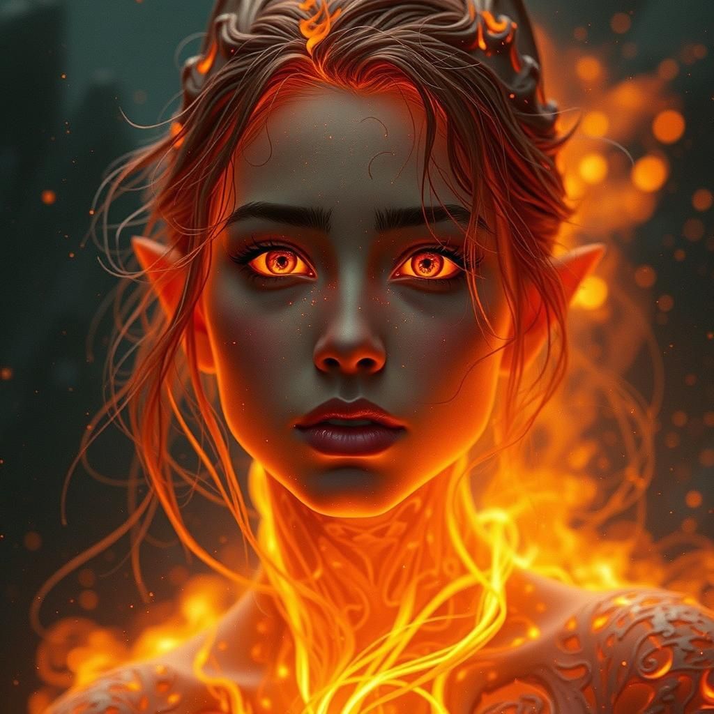 Ethereal Elven Goddess Weaves Magic from Blazing Flames
