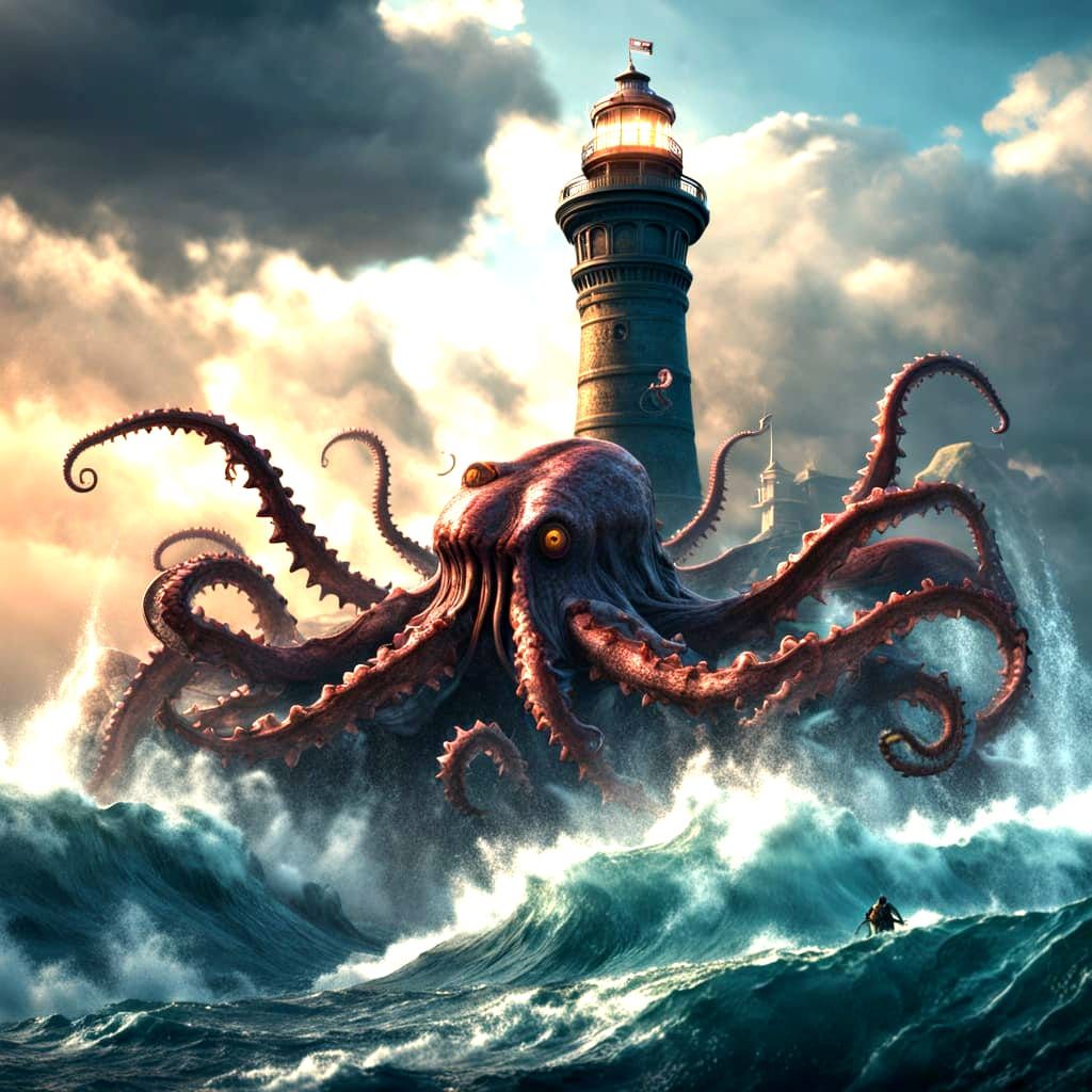 Kraken's Wrath: Lighthouse Under Siege in Detailed Matte Pai...