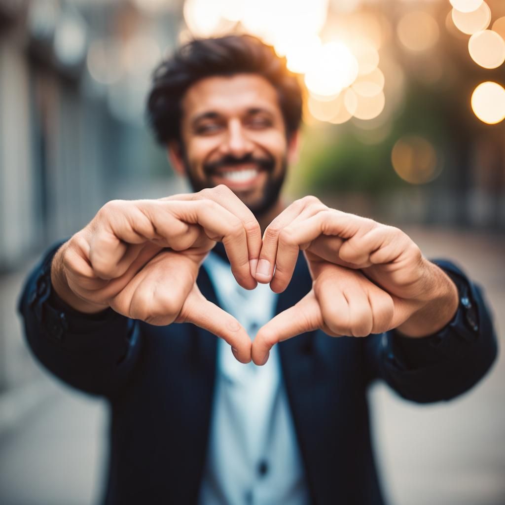 Happy Man Expressing Love Through Heart Hands