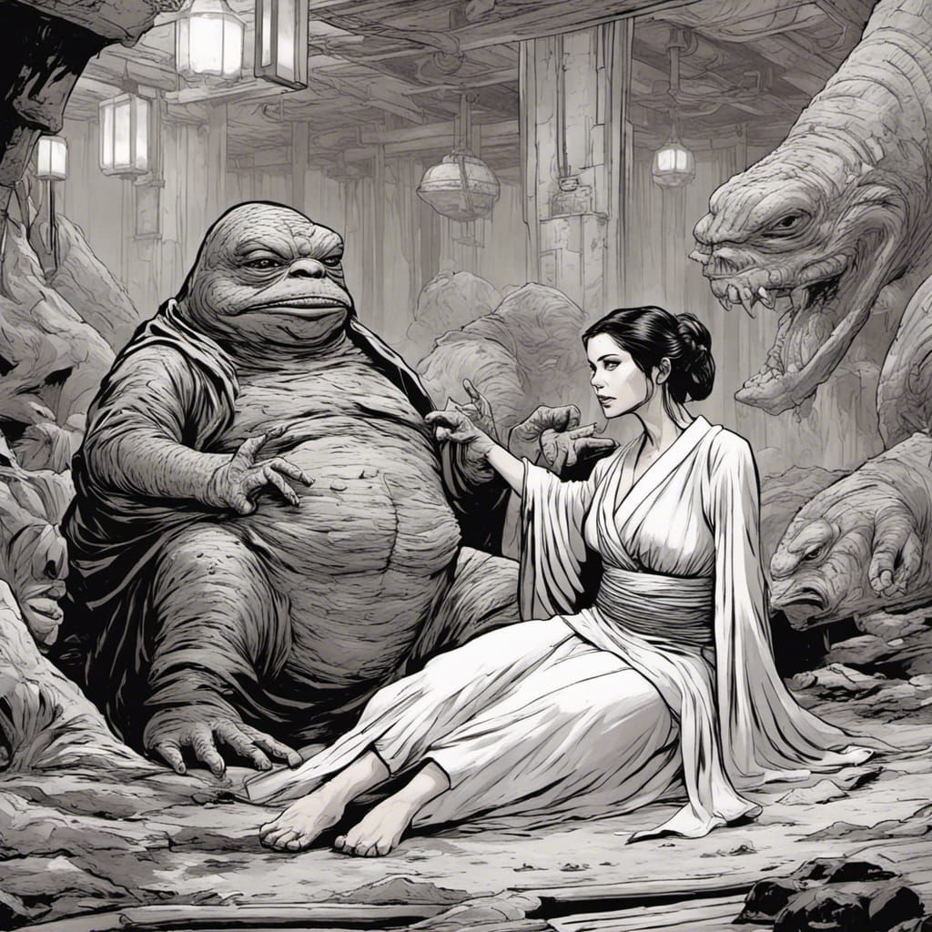 Leia and Jabba in Japanese Feudal Comic Style