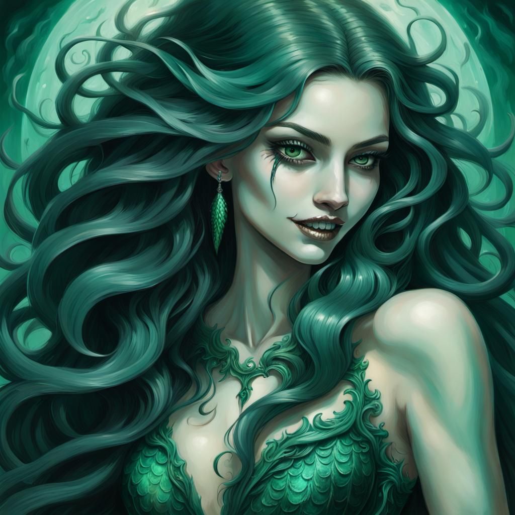 Eerie Siren with Seashell in Hyperrealistic Painting