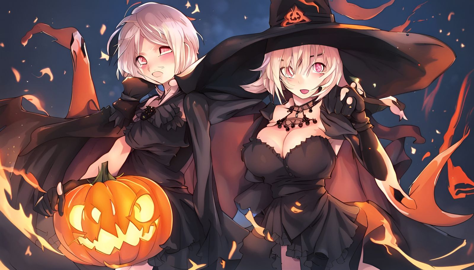 Devious Witch and Flaming Pumpkin in Anime Style