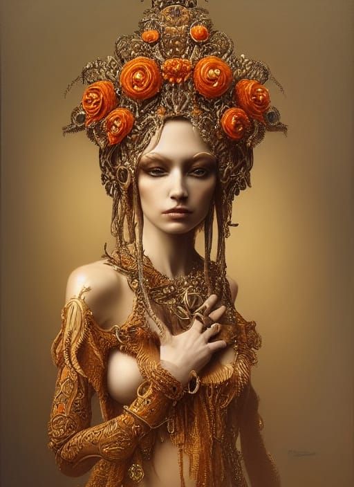 Orange Goddess Portrait in Surreal Symbolist Style