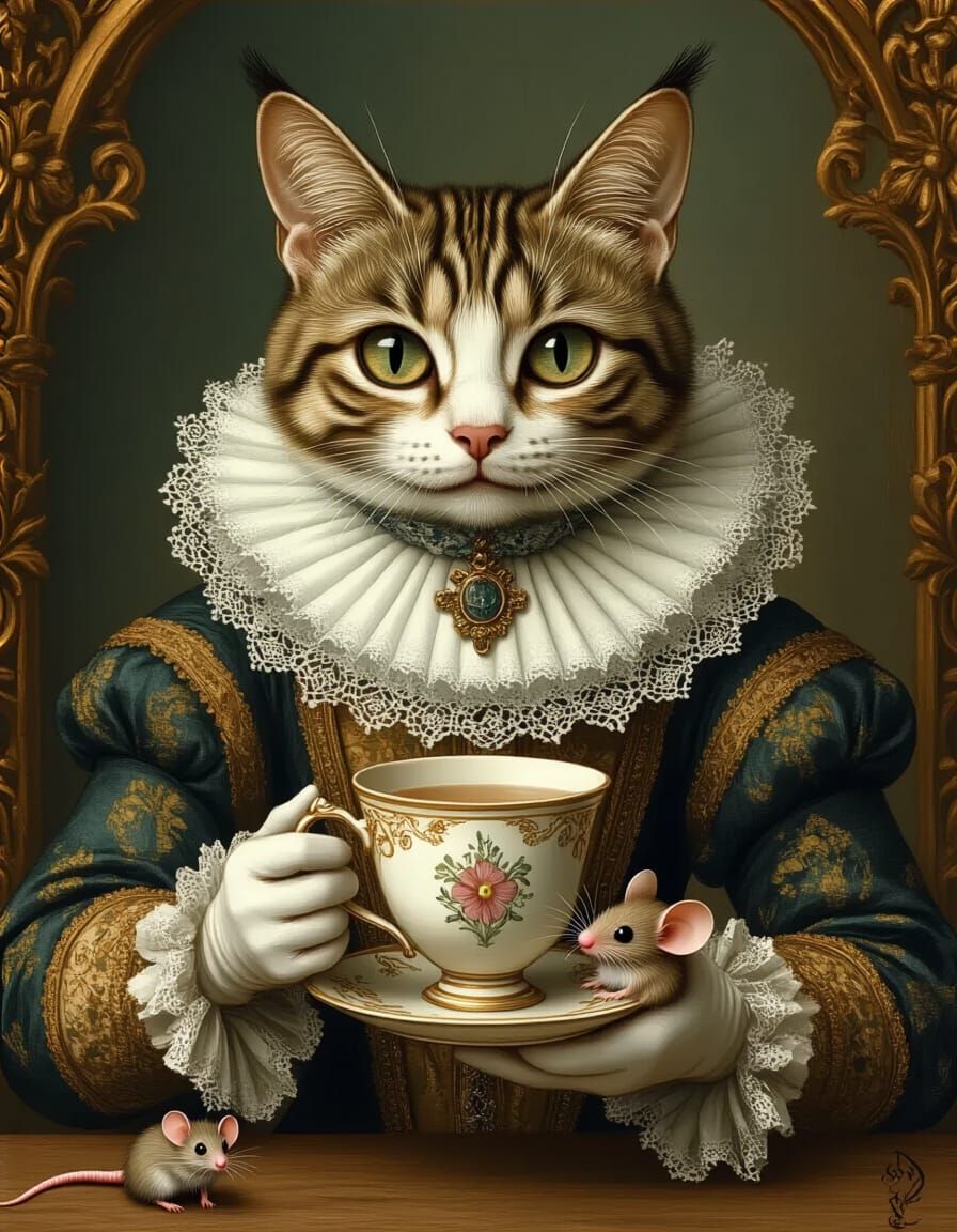 Renaissance Cat with Mouse: A Whimsical Caricature