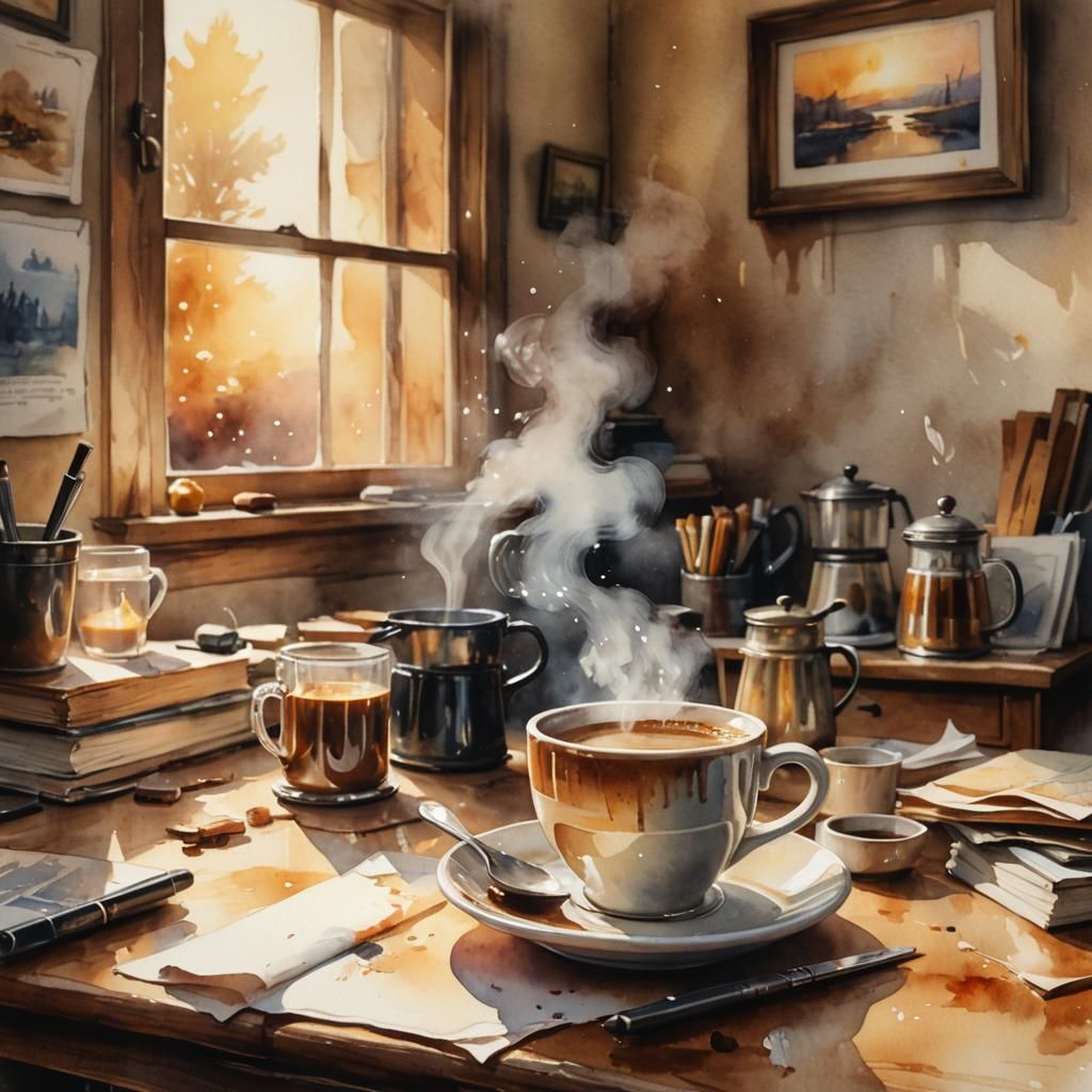 Cozy Coffee Cup: Vintage Watercolor Concept Art