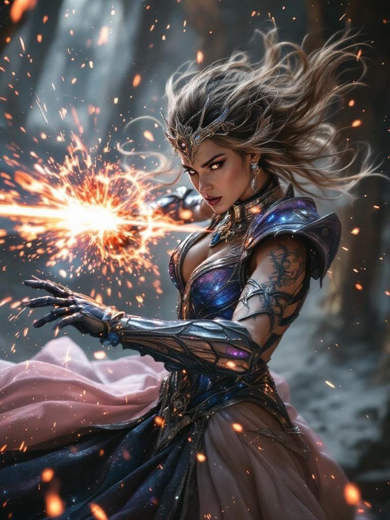 Celestial Empress Blocking Energy Blade in Photorealistic St...