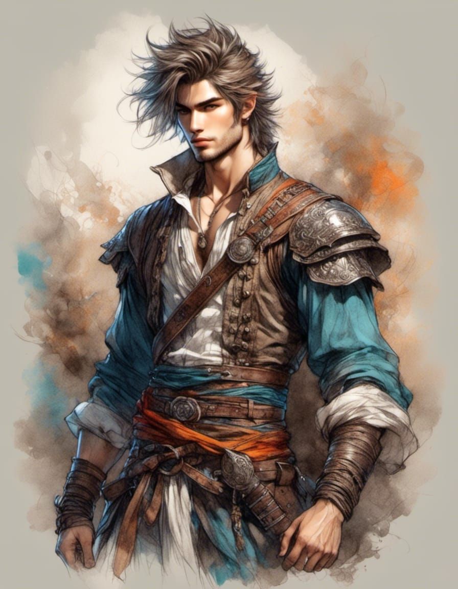 Handsome Warrior in Color Sketch Style