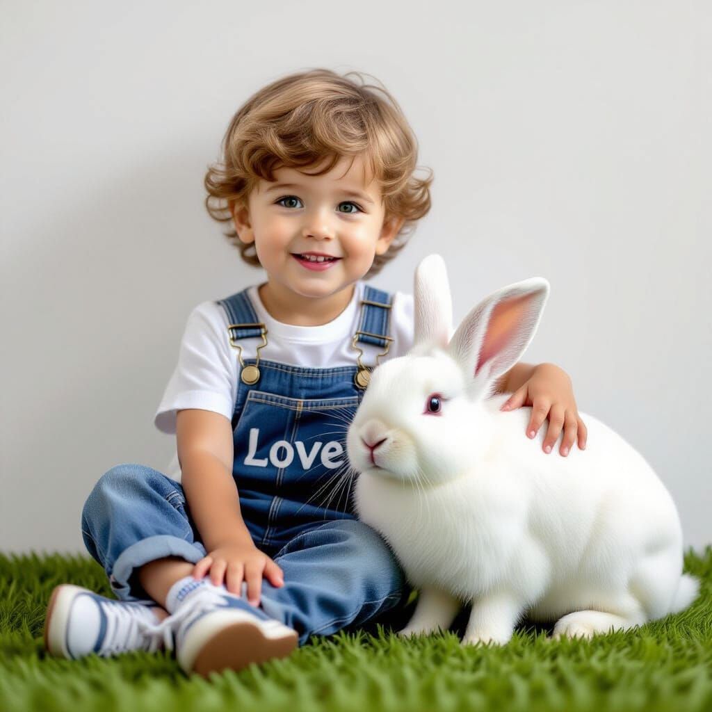 Blonde Toddler Sits With White Rabbit on Green Grass