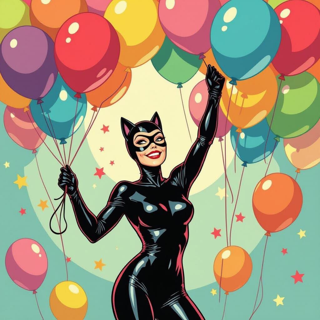 Catwoman Plays with Giant Birthday Balloons