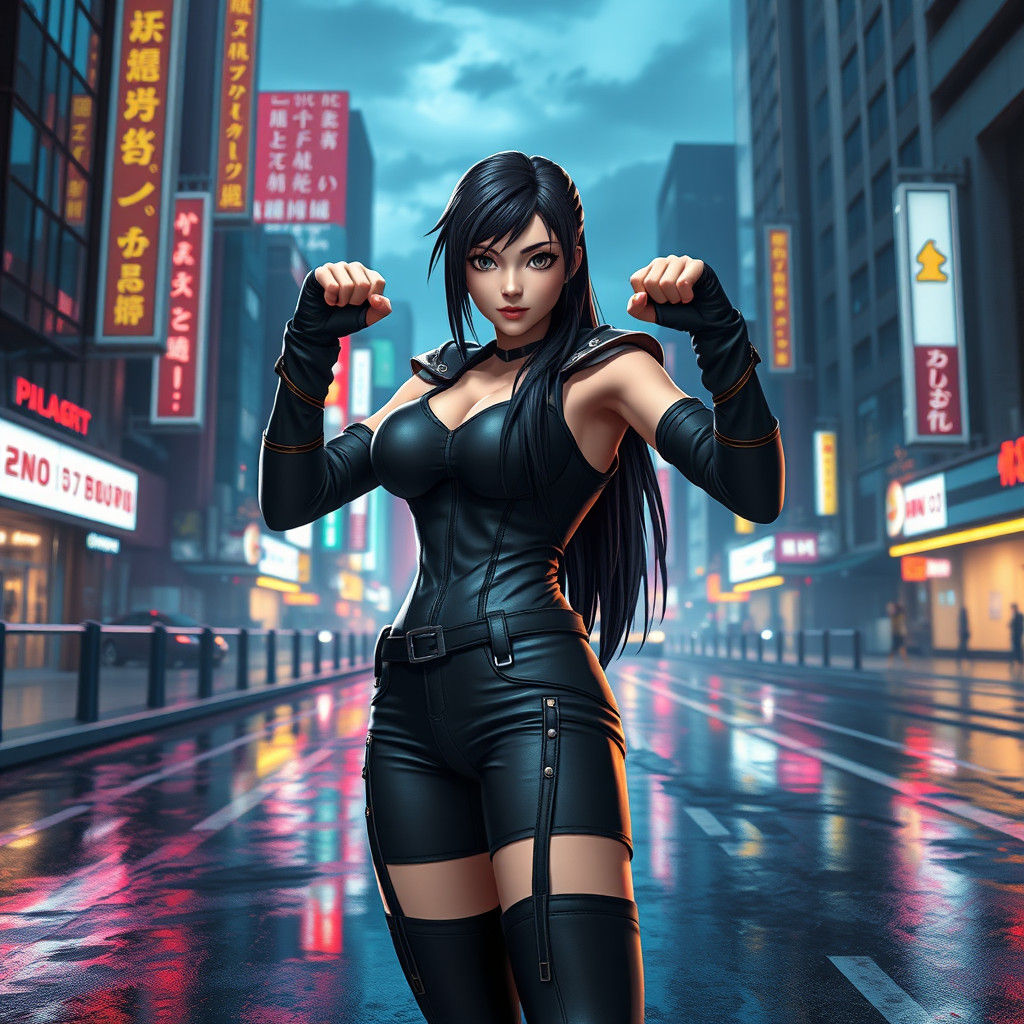 Tifa Lockhart: 3D Anime Art in Futuristic Cityscape