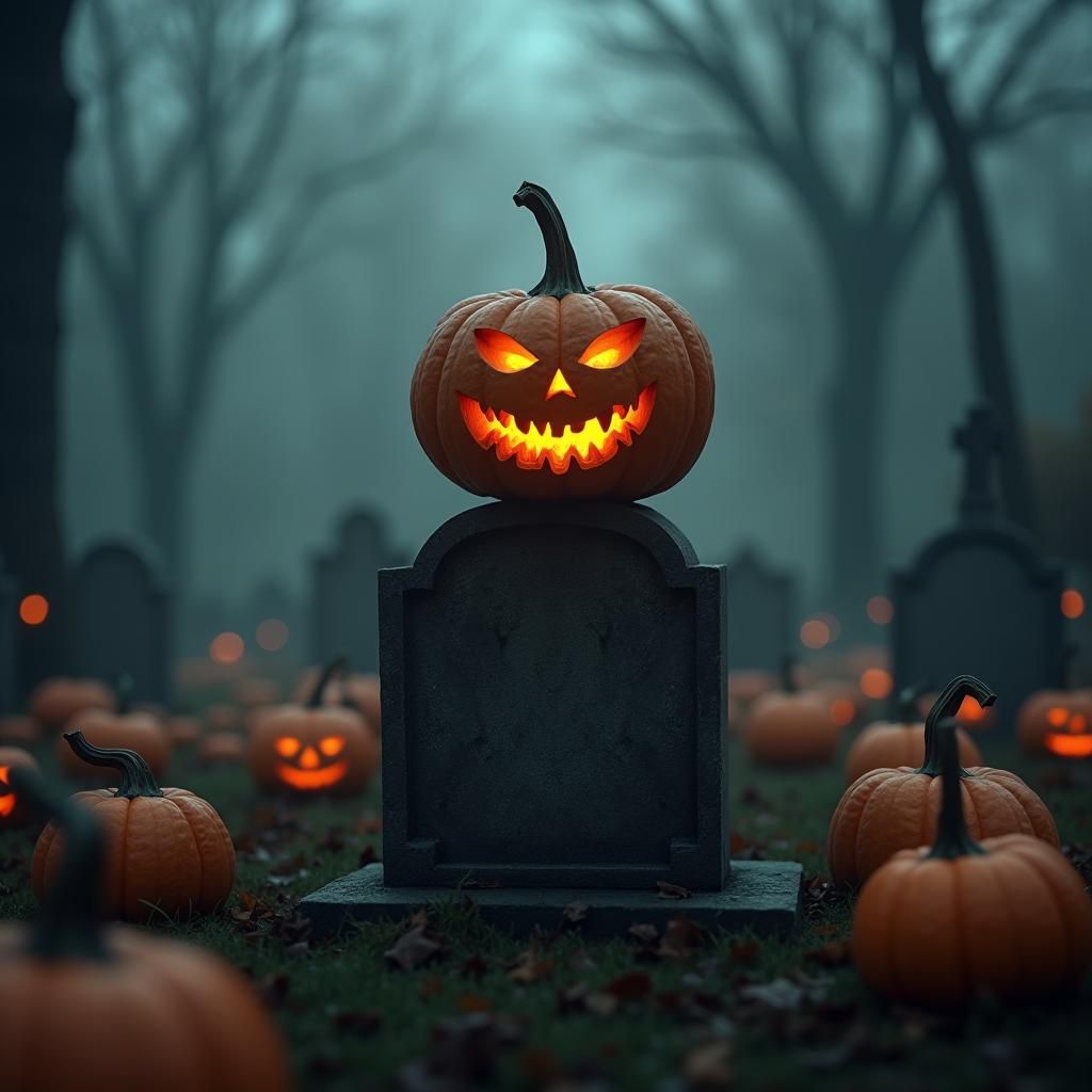 Eerie Pumpkin Lantern in Misty Graveyard