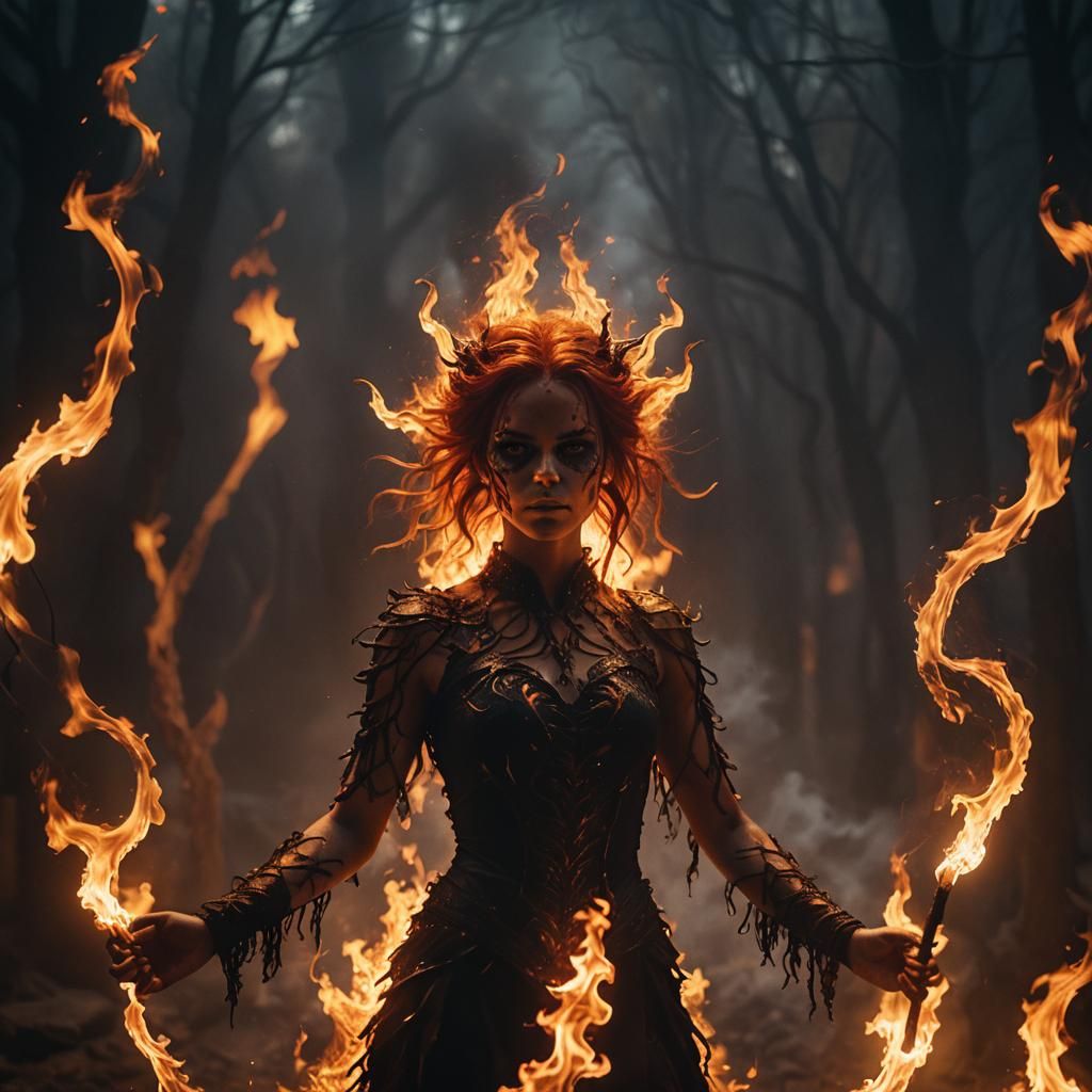 Fiery Demon Girl in Smoky Dark Fantasy Style