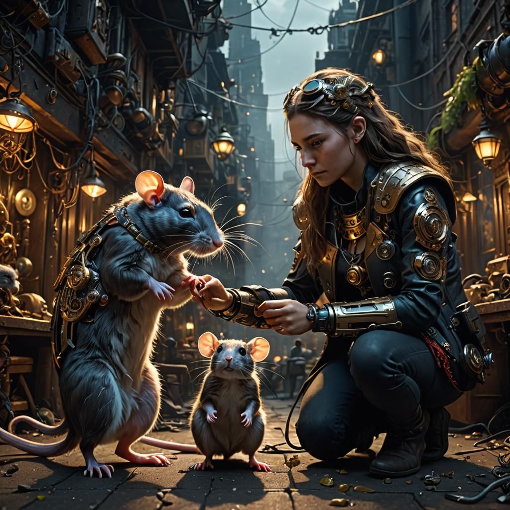 Cyborg Rat God Playing With a Girl