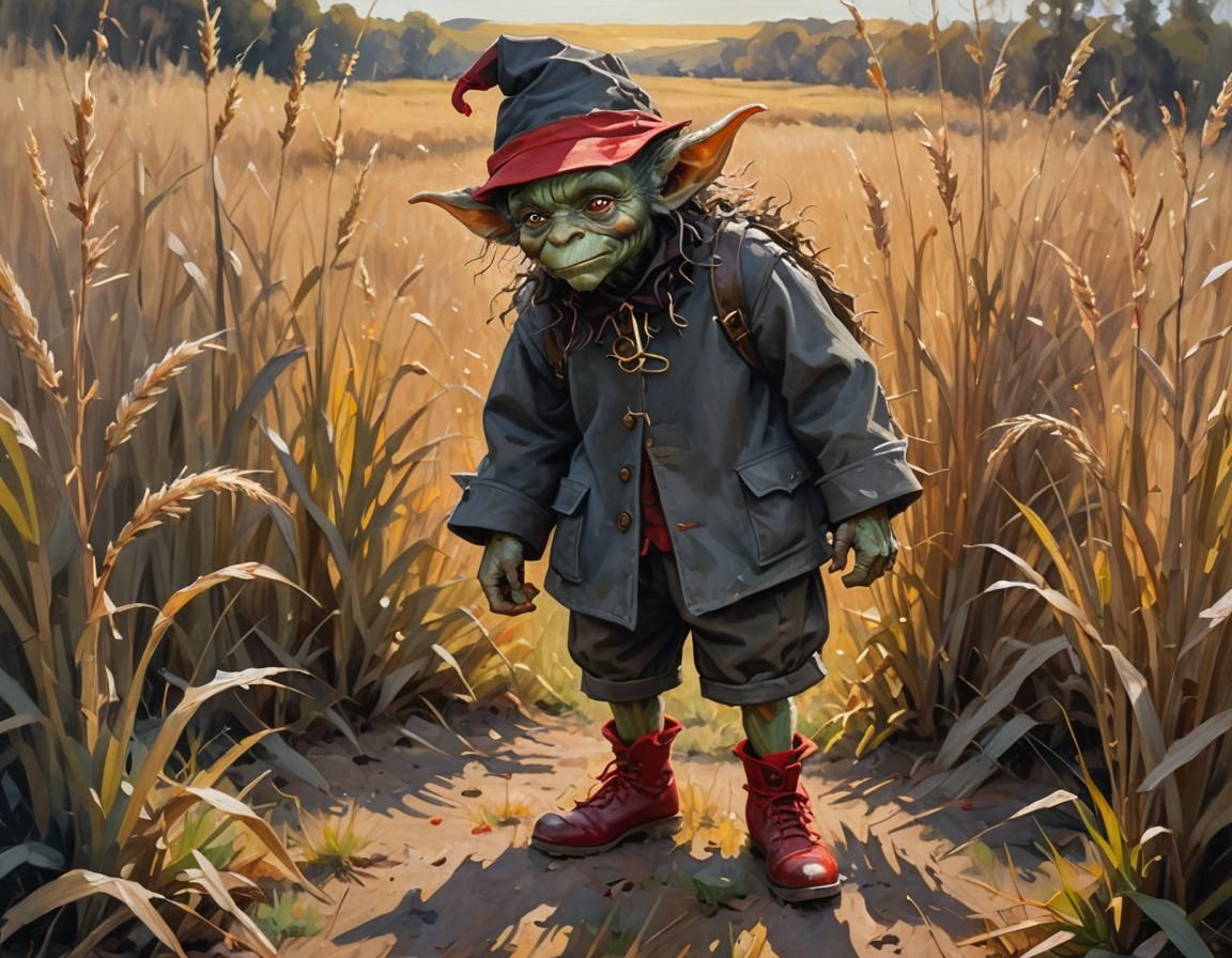 Goblin Fairy in Field: Impressionist Oil Painting