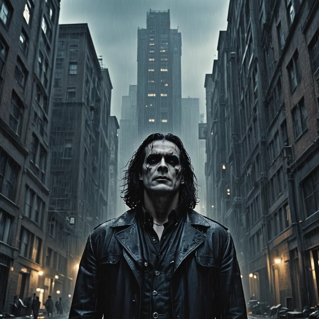 The Crow in Rainy Alleyway: Gothic Film Still
