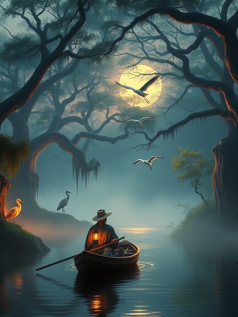 A Serene Fisher Drifts Amidst Moonlit Twilight