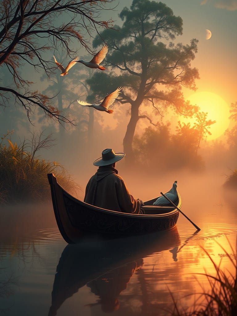 Serene Moonlit Riverbank Scene in Whimsical Fantasy Style