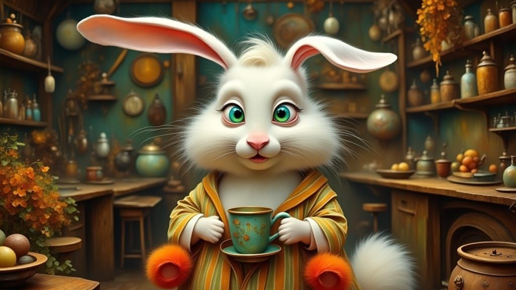 Hyperrealistic Rabbit Caricature in Rustic Kitchen