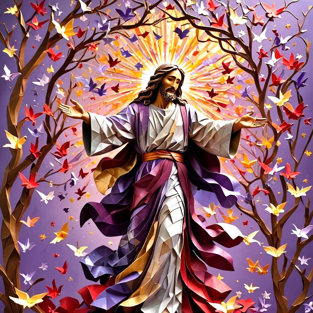 Laughing Jesus with Hearts Flowing in Origami Style