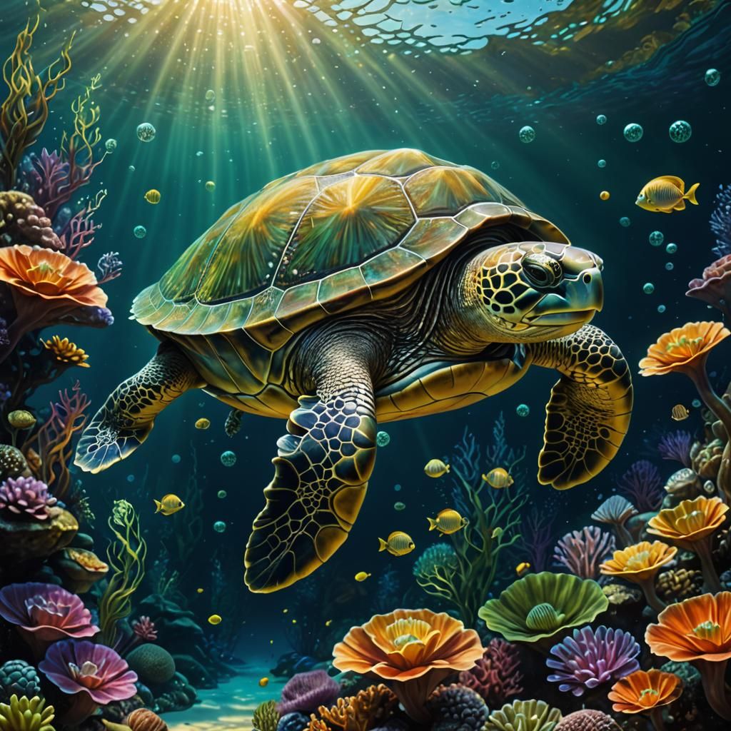 Psychedelic Art Nouveau Turtle Swimming Underwater